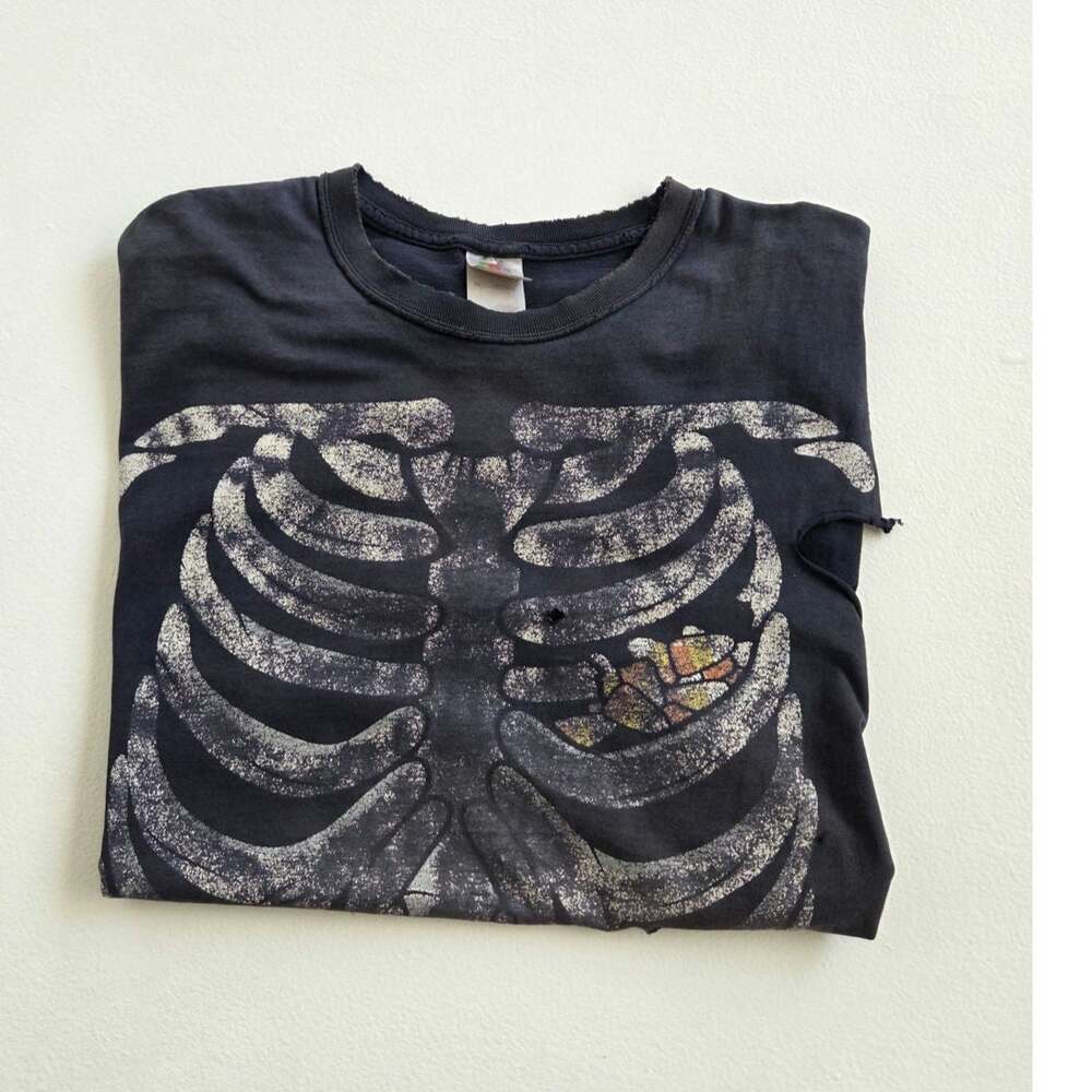 Fruit of the Loom Skeleton Ribcage Tee Y2K Thrashed Distressed Grunge Punk XL